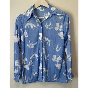 Vintage 60’s Vera Button Down Blouse Blue And White Butterfly Print Small/medium